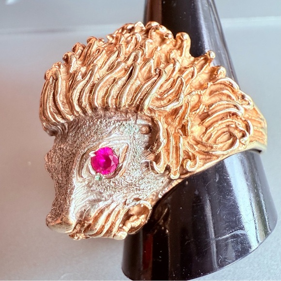10k Solid Gold Ruby Eyes Lion’s Head Artisan Made Men’s HEAVY Ring Size … - Picture 2 of 16
